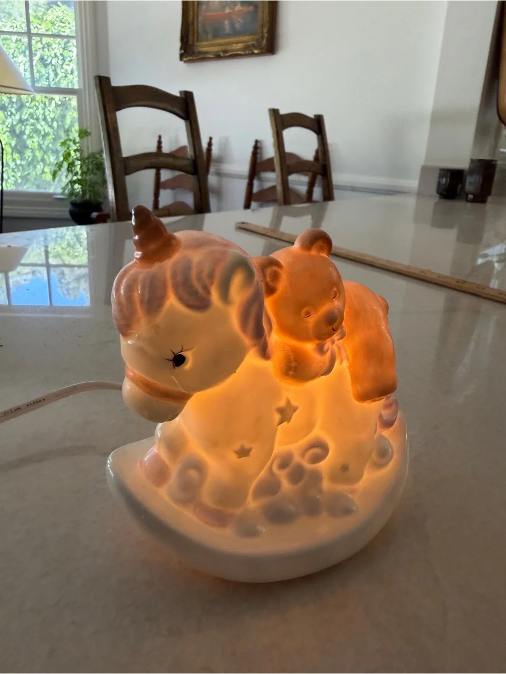 Enesco White Ceramic Unicorn Rocking Night Light with Teddy Bear Accent - Picture 3 of 7
